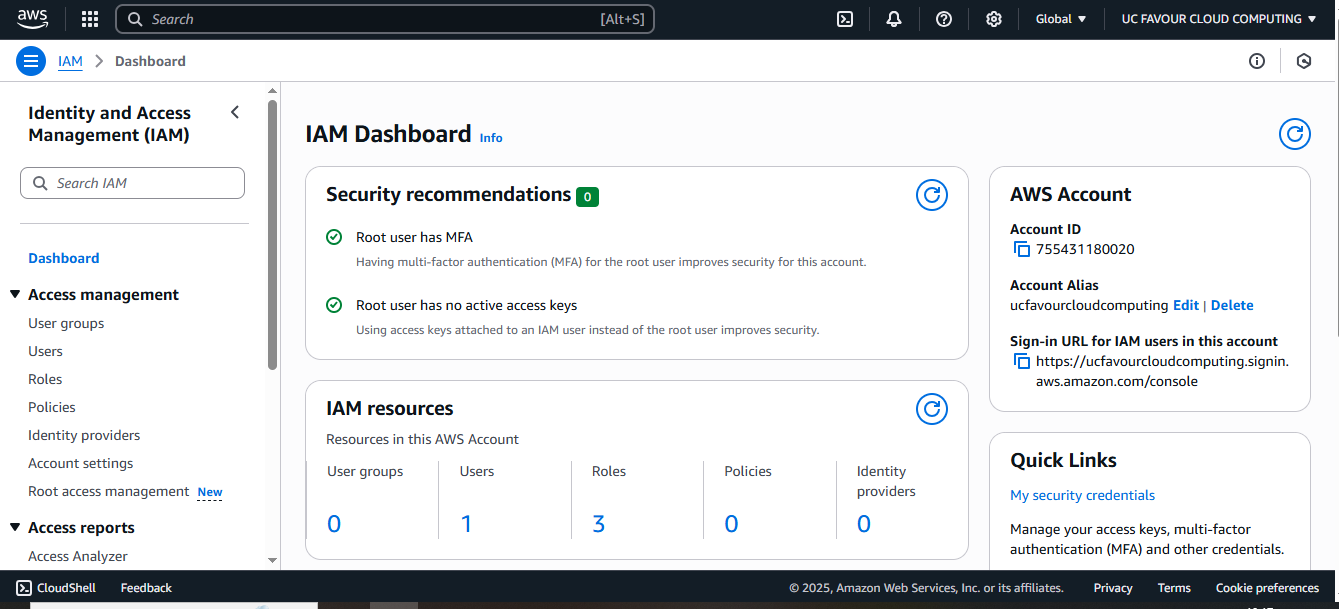 AWS IAM dashboard access control screenshot